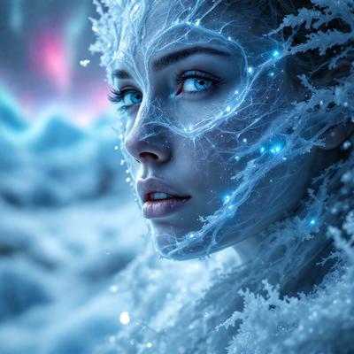 The primary subject of the image is a woman with blue eyes, who is wearing a white and blue dress. She is surrounded by a snowy environment, which adds a sense of coldness and beauty to the scene. The visual style of the image is digital art, as it appears to be a computer-generated or digitally edited photograph. The colors and mood of the image are predominantly blue and cold, creating a serene and enchanting atmosphere.
